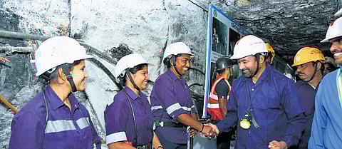 Union minister G Kishan Reddy interacts with women workers at Singareni Collieries