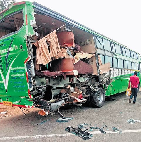 One of the two buses involved in the accident on the Tiruchy-Madurai National Highway on Sunday 