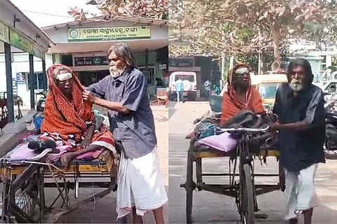 Seventy-five-year-old Babu Lohar with his paralysed wife Jyoti on the trolley rickshaw that carried them nearly 350 km from Sambalpur to Cuttack for treatment.