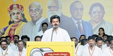 Addressing a meeting of TVK office-bearers in Mahabalipuram on Sunday, Vijay said ‘corrupt and destructive forces’ must not be allowed to rule TN 