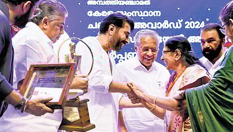 Best actor awardee Mammootty and J C Daniel awardee Sarada during the 55th Kerala State Film Award distribution ceremony in Thiruvananthapuram on Sunday.