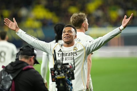Real Madrid's Kylian Mbappe celebrates after the Spanish La Liga soccer match between Villarreal and Real Madrid in Villarreal, Spain, Saturday, Jan. 24, 2026.