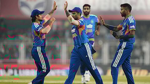 India's players celebrates the dismissal of New Zealand's Daryl Mitchell during the third T20 cricket match between India and New Zealand in Guwahati, India, Sunday, Jan. 25, 2026. 