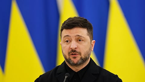 Ukrainian President Volodymyr Zelenskyy speaks during a joint press conference with Lithuania's President Gitanas Nauseda and Polish President Karol Nawrocki, at the Presidential palace in Vilnius, Lithuania, Sunday, Jan. 25, 2026.