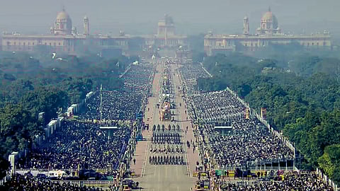  In this screengrab from a video posted on Jan. 26, 2026, an aerial view of the marching contingents during the 77th Republic Day Parade, at Kartavya Path, in New Delhi. 