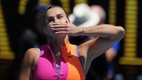 Aryna Sabalenka of Belarus celebrates after defeating Victoria Mboko of Canada in their fourth round match at the Australian Open tennis championship in Melbourne, Australia, Sunday, Jan. 25, 2026.