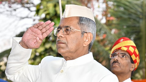 Chief Justice Aparesh Kumar Singh salutes after unfluring the national flag on the occasion of Republic Day in Telangana High Court.