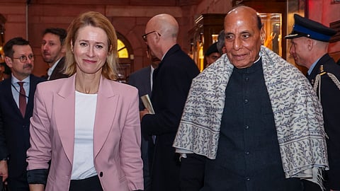 Defence Minister Rajnath Singh, right, meets European Union Vice-President Kaja Kallas to discuss bilateral security and defence cooperation, in New Delhi.