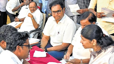 DMK manifesto committee leader Kanimozhi receiving suggestions for the party manifesto for the Assembly poll, in Tiruchy on 
Tuesday.