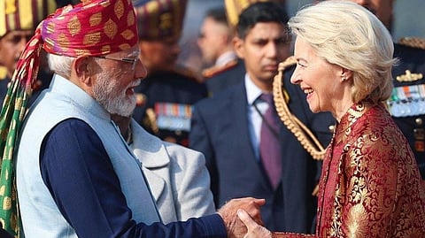 President of the European Commission Ursula von der Leyen is being received by Prime Minister Narendra Modi during the national flag hoisting at Kartavya Path on the occasion of the 77th Republic Day celebrations, in New Delhi on January 26, 2026