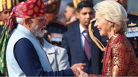 President of the European Commission Ursula von der Leyen is being received by Prime Minister Narendra Modi during the national flag hoisting at Kartavya Path on the occasion of the 77th Republic Day celebrations, in New Delhi on January 26, 2026