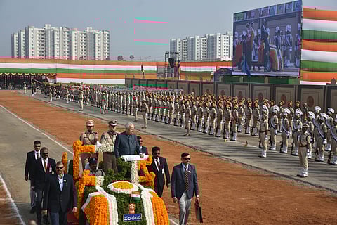 Governor S Abdul Nazeer observes parade during the Republic Day parade near Rayapudi in Amaravati Capital Region on Monday.