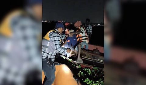 DRF and HYDRAA personnel rescue workers who were stranded in Mir Alam Lake near the Nehru Zoological Park in Hyderabad on Sunday.