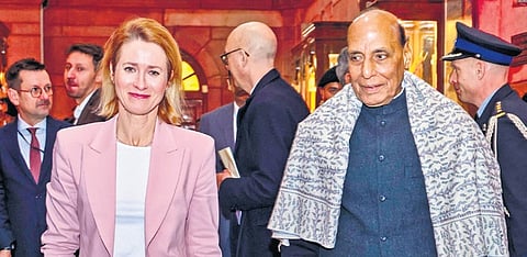 Defence Minister Rajnath Singh with European Union Vice President Kaja Kallas.