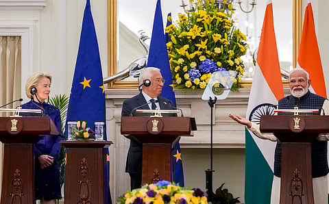 Prime Minister Narendra Modi with European Council President Antonio Costa, right, and European Commission President Ursula von der Leyen, left, during a joint press statement after their meeting at the Hyderabad House, in New Delhi, Tuesday, Jan. 27, 2026. 