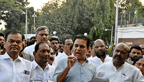 BRS Working President addressing media out side of Lok Bhavan after a meeting with Governor on Tuesday.