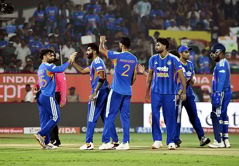 India celebrate a wicket against New Zealand in Vizag