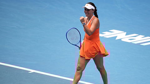 Jessica Pegula of the U.S. celebrates after defeating compatriot Amanda Anisimova during their quarterfinal match at the Australian Open tennis championship in Melbourne, Australia, Wednesday, Jan. 28, 2026.