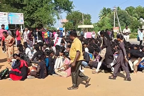 College students, along with members of the Students Federation of India (SFI), duirng a protest on Friday, demanding strict action against those responsible for the student’s death.