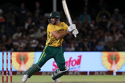 South Africa's Aiden Markram watches his shot during the T20 International cricket match between South Africa and West Indies, in Paarl, South Africa, Tuesday, Jan. 27, 2026.