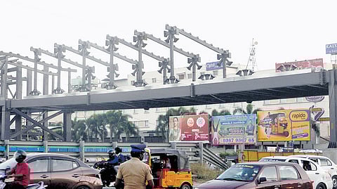 Construction of pedestrian skywalk at Kilambakkam bus terminus.