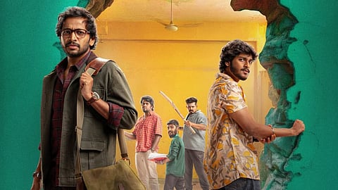 Basil Joseph (far left) and LK Akshay Kumar (far right) in a poster for Raawadi