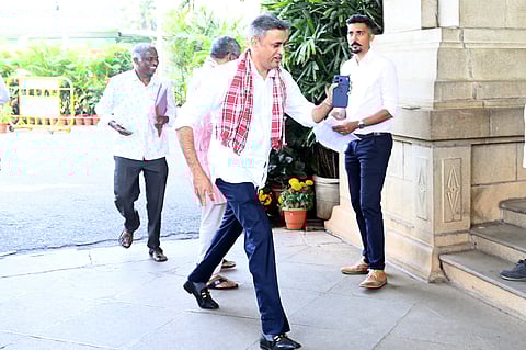 Congress MLA AS Ponnanna arrives to attend the Assembly session on Tuesday  | Nagaraja Gadekal