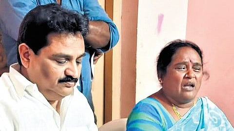 Prameela, mother of Railway Koduru MLA Arava Sridhar, addressing the media on Tuesday.