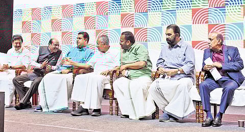 Chief Minister Pinarayi Vijayan, Yusuffali M A, Irrigation Minister Roshy Augustine, Speaker A N Shamseer, Revenue Minister K Rajan, General Education Minister 
V Sivankutty and businessman B Ravi Pillai during  the inauguration of the Loka Kerala Sabha at the Nishagandhi auditorium on Thursday 