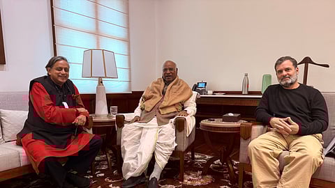 Congress MP Shashi Tharoor met party president Mallikarjun Kharge and Rahul Gandhi at Kharge's chamber in the Parliament House. 