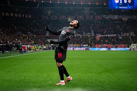 Leverkusen's Malik Tillman celebrates after scoring during the Champions League opening phase soccer match between Bayer Leverkusen and Villareal in Leverkusen, Germany, Wednesday, Jan. 28, 2026.
