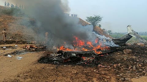 Maharashtra Deputy Chief Minister Ajit Pawar's plane in flames after it crashed during landing, at Baramati in Pune district, Maharashtra, Wednesday, Jan. 28, 2026.