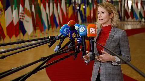 European Union foreign policy chief Kaja Kallas speaks with the media as she arrives for a meeting of EU foreign ministers at the European Council building in Brussels, Thursday, Jan. 29, 2026. 