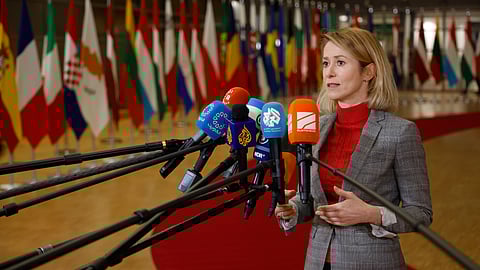 European Union foreign policy chief Kaja Kallas speaks with the media as she arrives for a meeting of EU foreign ministers at the European Council building in Brussels, Thursday, Jan. 29, 2026. 
