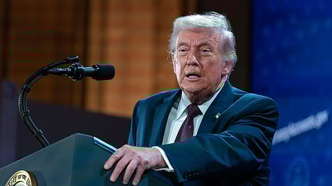 US President Donald Trump speaks during the launch of a program known as Trump Accounts at the Andrew W. Mellon Auditorium, Wednesday, Jan. 28, 2026, in Washington.