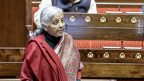 Union Finance Minister Nirmala Sitharaman speaks in Rajya Sabha during the Parliament Budget Session in New Delhi on Thursday.