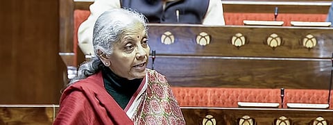 Union Finance Minister Nirmala Sitharaman speaks in Rajya Sabha during the Parliament Budget Session in New Delhi on Thursday.