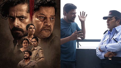 A poster for Chowkidar (L) and director Chandrashekar Bandiyappa with Sai Kumar (R)