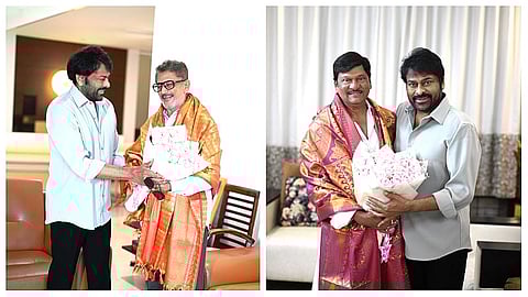 Chiranjeevi visits Padma awardees Murali Mohan and Rajendra Prasad