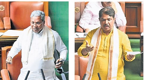Chief Minister Siddaramaiah and Leader of Opposition R Ashoka in a heated discussion in the Legislative Assembly on Thursday.