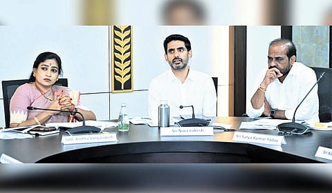 Home Minister V Anitha, IT Minister Nara Lokesh and Health Minister Y Satya Kumar Yadav during a meeting held at the Secretariat on Wednesday
