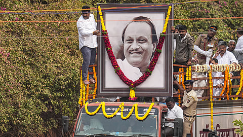 Mortal remains of Maharashtra Deputy Chief Minister Ajit Pawar being brought to Vidya Pratishthan college ground for his funeral, at Baramati in Pune district, Thursday, Jan. 29, 2026.