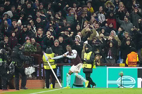 Aston Villa's Jamaldeen Jimoh-Aloba celebrates scoring during the Europa League opening phase soccer match between Aston Villa and RB Salzburg in Birmingham, England, Thursday Jan. 29, 2026.