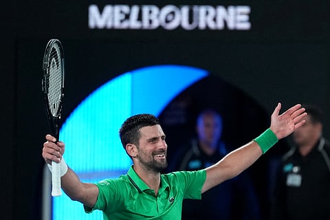 Novak Djokovic of Serbia celebrates after defeating Jannik Sinner of Italy in their semifinal match at the Australian Open tennis championship in Melbourne. (Photo | AP)