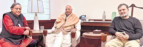 Leader of Opposition in the Lok Sabha Rahul Gandhi and Congress president Mallikarjun Kharge during a meeting with Shashi Tharoor in New Delhi.