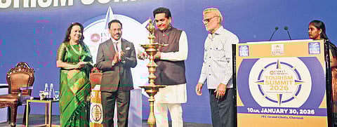 Delhi Tourism Minister Kapil Mishra lighting the lamp at the summit in Chennai on Friday. Director General for Tourism Suman Billa, TNIE Editorial Director Prabhu Chawla and CEO Lakshmi Menon are also seen 