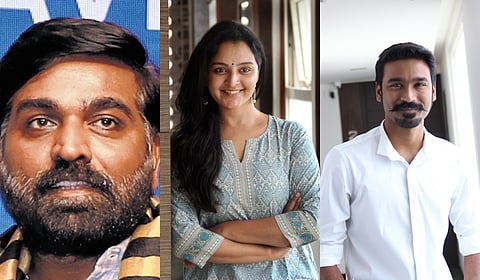 Actors Vijay Sethupathi (L), Manju Warrier and Dhanush