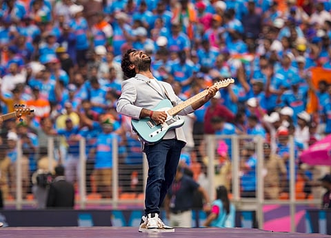 Ahmedabad: In this Saturday, Oct. 14, 2023 file photo, Singer Arijit Singh performs during a special performance before the ICC Men's Cricket World Cup 2023 match between India and Pakistan, at Narendra Modi Stadium, in Ahmedabad. Arijit Singh announces his retirement from playback singing, saying in a social media post.