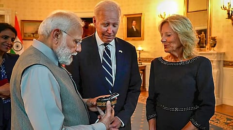PM Narendra Modi gifts a 7.5-carat lab-grown diamond placed in a papier mache box from Kashmir, known as 'kar-e-kalamdani' to US First Lady Jill Biden