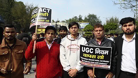 Students protesting against new UGC rules outside UGC headquarters in ITO returned after Supreme Court stay.